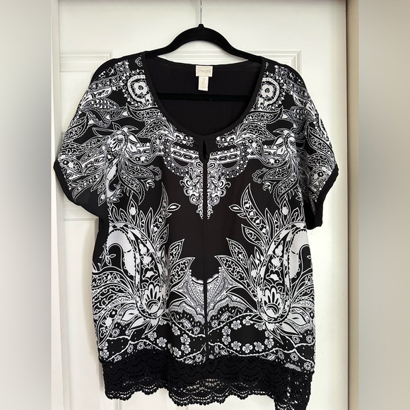 Chicos Short Sleeve Black & White Blouse - Size 3 - Picture 1 of 3